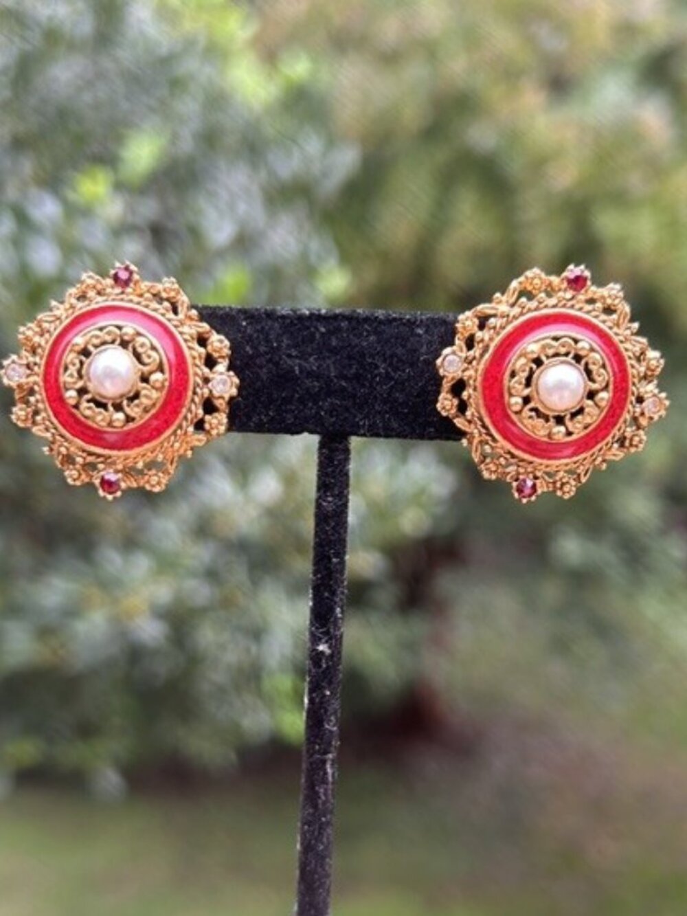 FLORENZA Red Enamel Faux Pearl Red Rhinestone EARRINGS